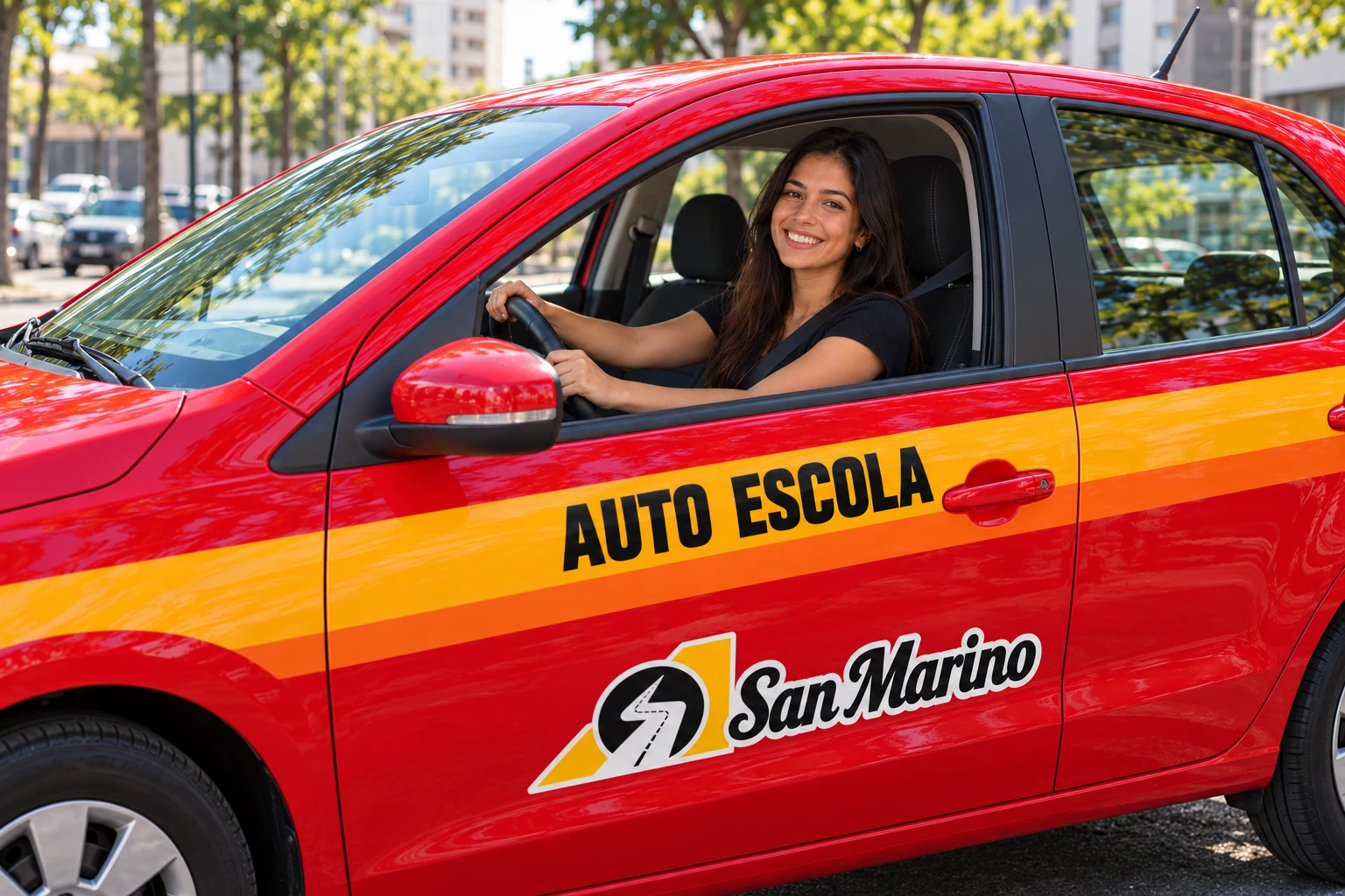 Imagem ilustrativa de aluna em carro vermelho de autoescola
